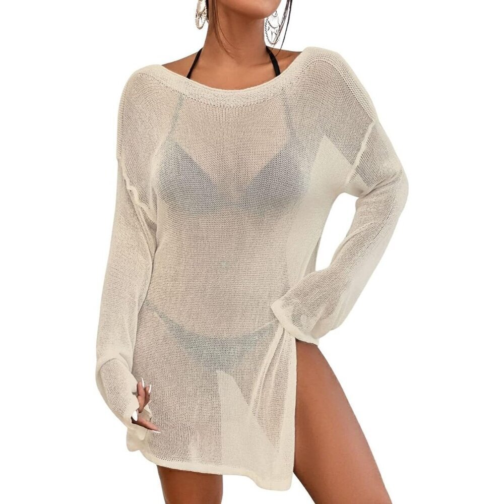 Crochet Beach Cover Up Swimsuit Apricot Sheer Top Side Split for  Women